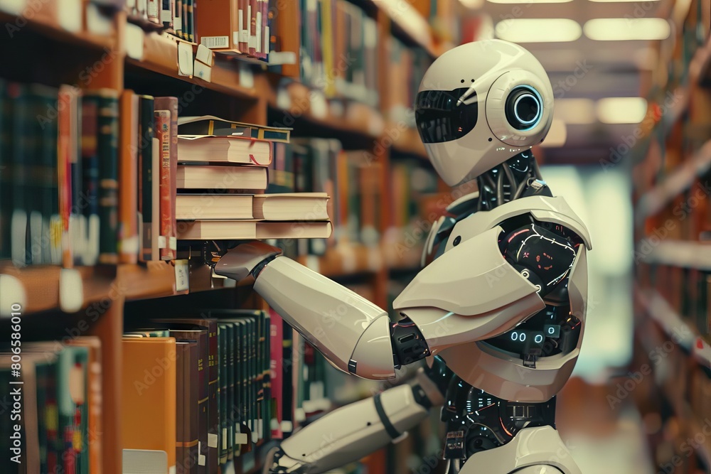 A futuristic robot librarian stacking books in perfect order, highlighting the role of AI in education A futuristic robot librarian stacking books in perfect order, highlighting the role of AI in education