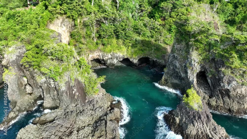 West coast, Pulau Weh, island of dramatic coastal rock formations, aerial West coast, Pulau Weh, island of dramatic coastal rock formations, aerial