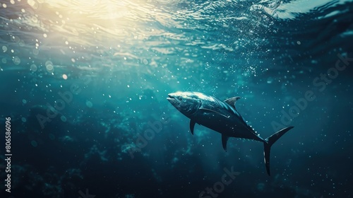 Underwater scene of a tuna against a sea backdrop