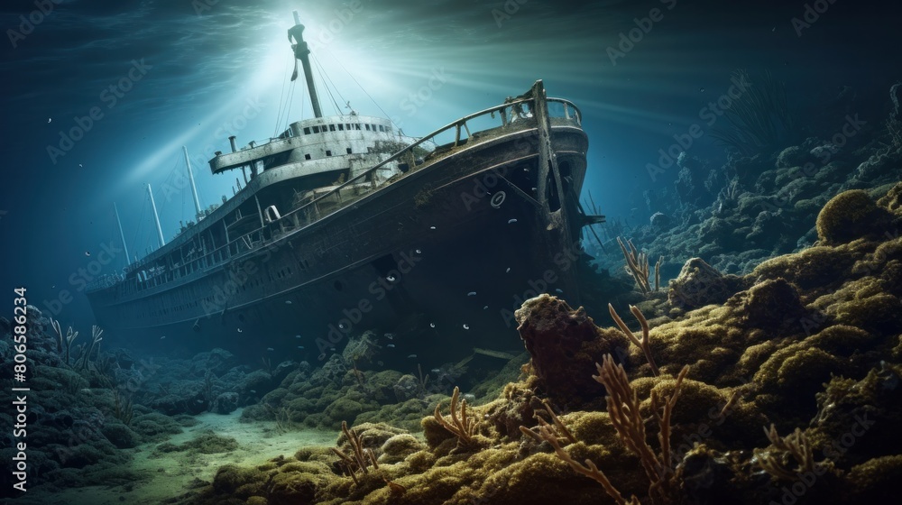 The wreckage of the Titanic lies on the ocean floor in its present state. Surrounded by the depths of the mysterious underwater world. The wreckage of the Titanic lies on the ocean floor in its present state. Surrounded by the depths of the mysterious underwater world.
