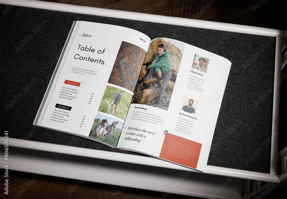 Mockup of customizable A4 magazine with flash, open pages Stock ...