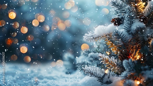 Christmas background. Xmas tree with snow decorated with garland lights, holiday festive background. Widescreen frame backdrop. New year Winter art design, Christmas scene wide screen holiday border © CNISAK