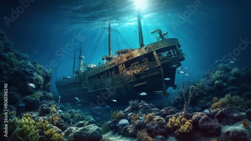 The wreckage of the Titanic lies on the ocean floor in its present state. Surrounded by the depths of the mysterious underwater world. © ORG