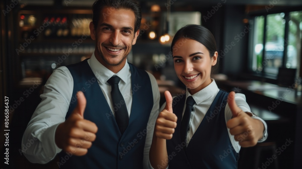 Two small business owners smiling in formal attire Wearing an apron, looking at the camera and giving a thumbs up while standing at their restaurant. Two small business owners smiling in formal attire Wearing an apron, looking at the camera and giving a thumbs up while standing at their restaurant.