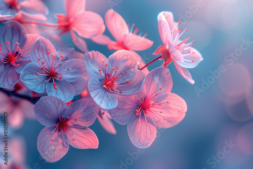A photo of delicate pastel pink and blue flowers. Created with AI