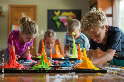 A group of children transforming their garage into a science lab, experimenting with colorful baking soda volcanoes photo