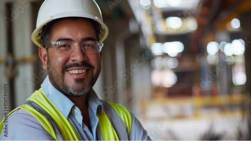 Civil Engineer Hispanic smiling with Constuction backgrounds, use for banner cover. Success in target of project goal Handsome Middle Eastern worker photo