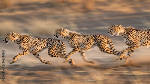 A group of young cheetahs racing each other across the savannah, practicing for future hunts