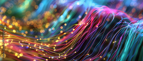 A web of colorful  pulsating digital lines depicting high-speed data transfer in an abstract form.