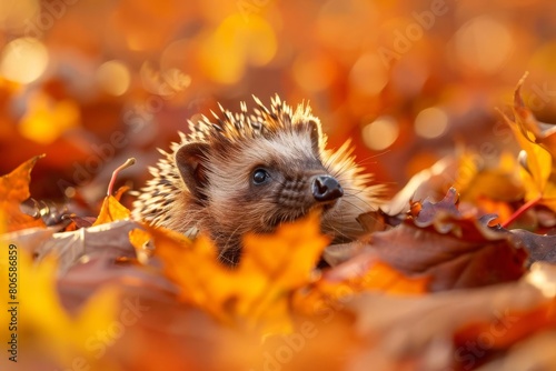 A hedgehog peeking out from a pile of autumn leaves  curiously sniffing the air