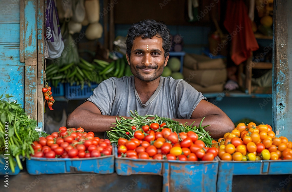 An Indian man selling vegetables in his shop. An Indian man selling vegetables in his shop.