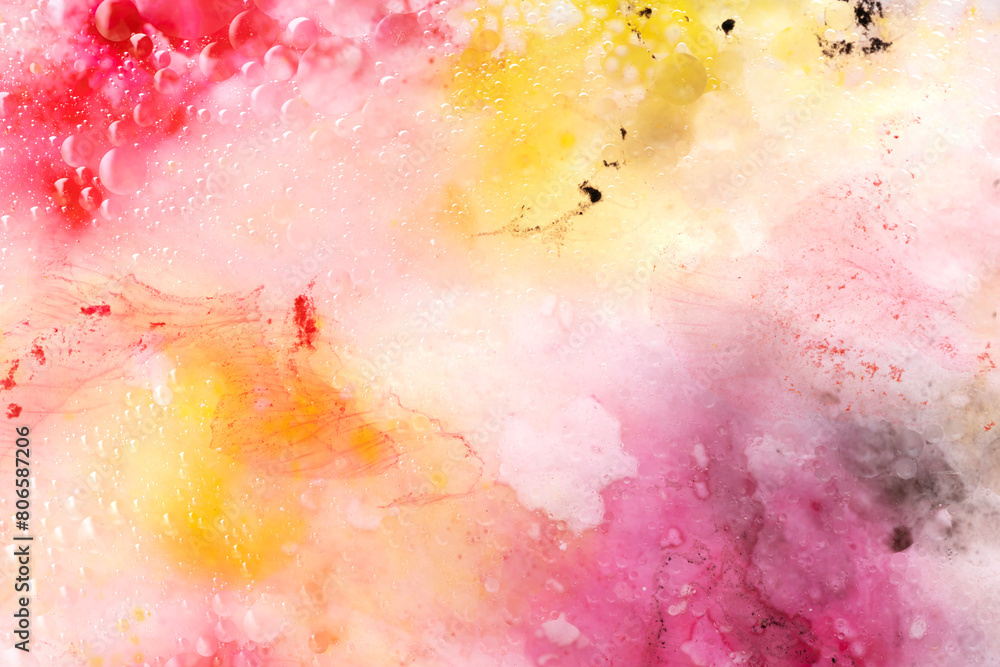 Obraz premium Abstract art with pink, red and yellow watercolour splashes and dots for creative background or wallpaper macro