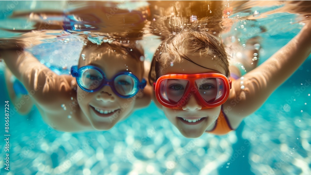 Naklejka premium Smiling cute little girl in sunglasses in pool in sunny day.. with high resolution photography, copy space for text banner background