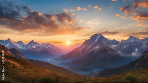 Magnificent sunrise view of untamed wilderness high in the mountains