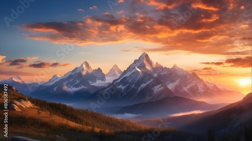 Magnificent sunrise view of untamed wilderness high in the mountains