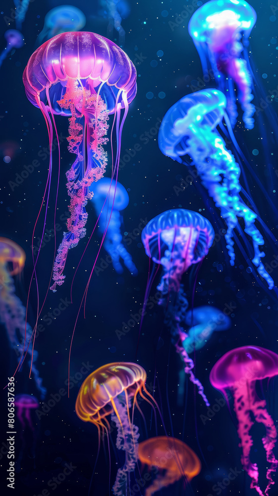Vibrant Jellyfish Dance, Illuminating the Deep Blue Vibrant Jellyfish Dance, Illuminating the Deep Blue
