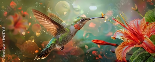 A hummingbird performing aerial acrobatics around a flower  sipping nectar with precision