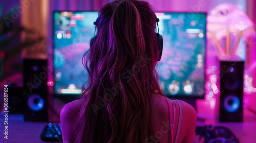 Young woman gamer for computer games and game consoles sat in front of the screen. Player without emotions. Neon colors. Gaming addiction