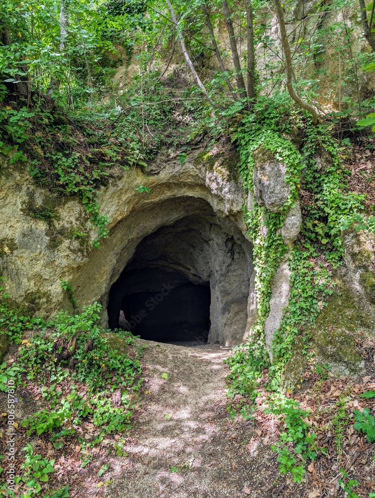Fototapeta premium Cave entrance at Stari Grad in old historic city Krapina, Croatia, Hrvatsko zagorje, nature background, Neanderthal, Palaeolithic archaeological site