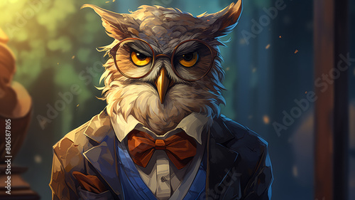 Visualize a sophisticated owl in a tailored vest, complete with a silk bow tie photo