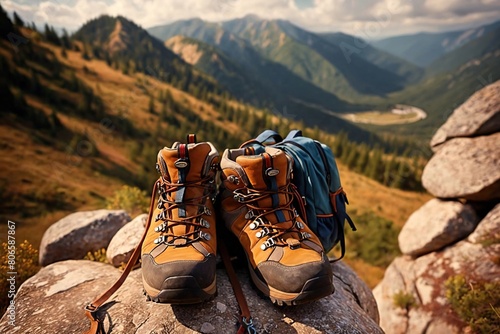 Hiking shoes on top of mountain, recreational walking activity equipment