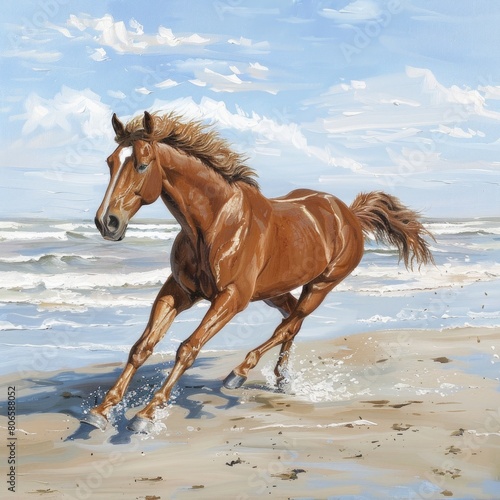 A brown horse is running on a beach