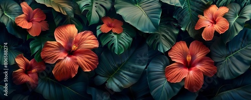 Dynamic flower wallpaper with a tropical theme, featuring bright hibiscus and lush greenery