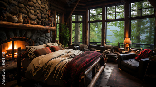 Rustic cabin bedroom with a log bed and a quilted throw 