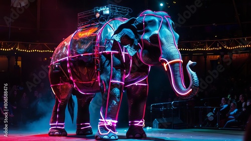 A mechanical elephant, powered by steam, wearing a neon costume while bowing to the audience
