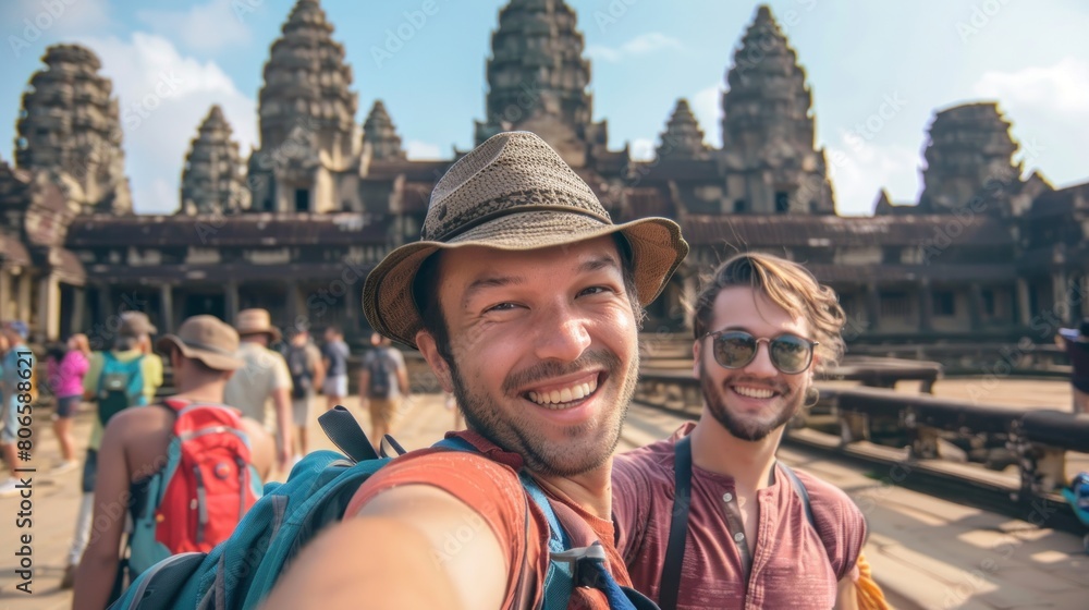 A male and female tourist couple wear hats, smile, cheer and take selfies as they travel to Angkor Wat. Cambodia