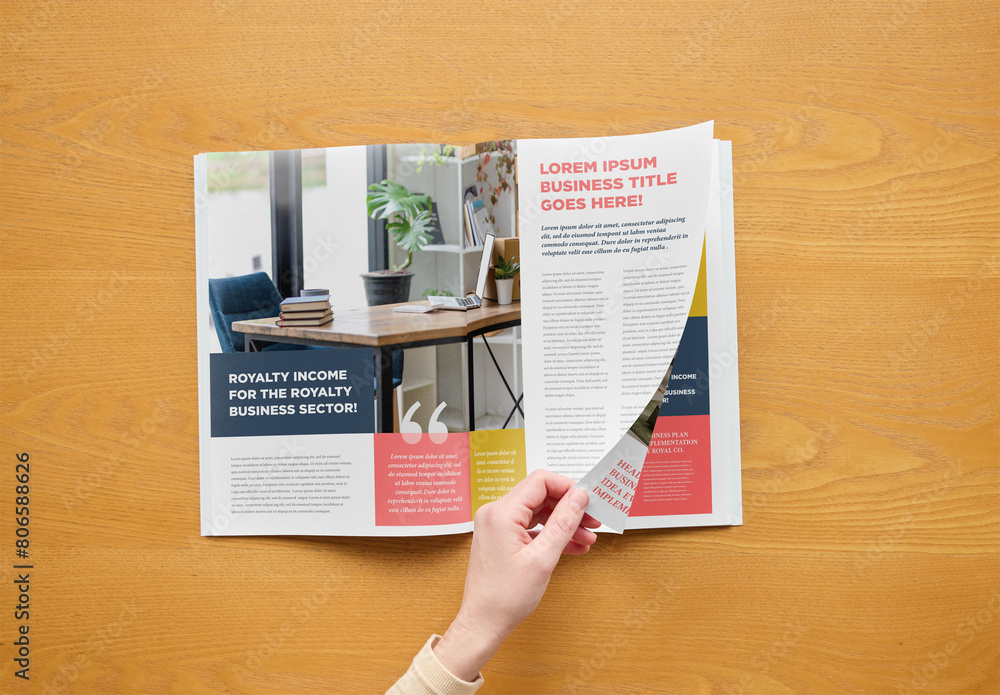 Mockup of person turning page of customizable A4 magazine Stock ...