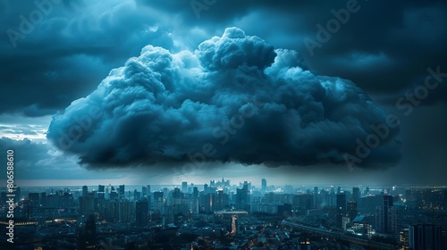 A dark cloud looming over a city, symbolizing the economic and environmental threat, Depict the seriousness of the situation photo