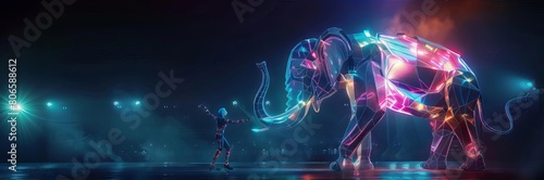 A mechanical ringmaster directing a neon elephant to perform an acrobatic trick under spotlights photo