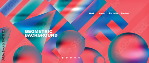 Vibrant and colorful geometric background with circles and squares in shades of red, blue, and green. The design is a symmetrical pattern featuring triangles and azure hues