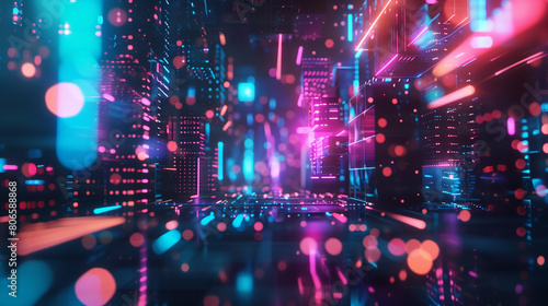 A colorful image of a cityscape with neon lights and squares. The image is abstract and has a futuristic feel to it