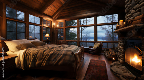 Rustic cabin bedroom with a log bed and a quilted throw, © Humaira