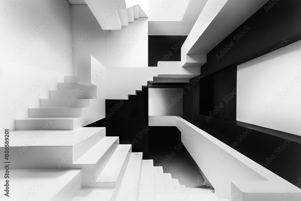 A minimalist staircase composed entirely of rectangular blocks in a striking monochrome palette A minimalist staircase composed entirely of rectangular blocks in a striking monochrome palette