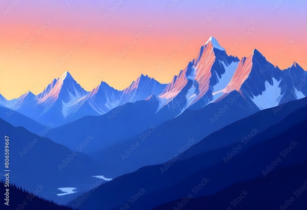 digital painting Serene mountain range at sunset m (3) 1