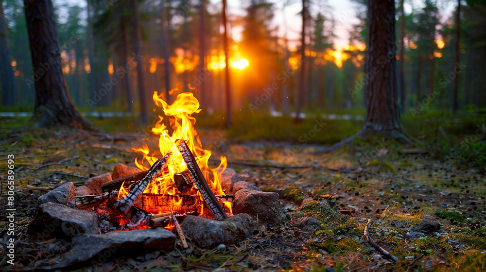 Campfire in forest in Lapland with sunset background Campfire in forest in Lapland with sunset background