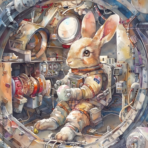 Bunny in a Spacesuit Whimsical Easter Egg Hunt Aboard a sStyle Spaceship Generative ai photo