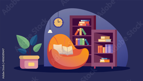 A snug little alcove with a builtin bookshelf and a bean bag chair creating a peaceful escape for book lovers..