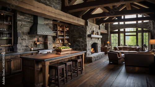 Rustic kitchen with wood beams and stone fireplace 