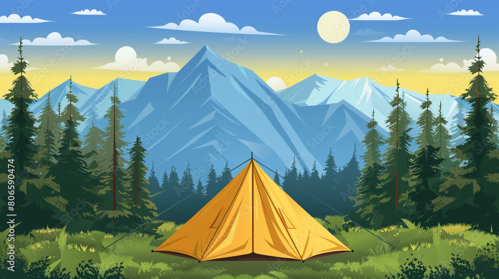camping adventure in the wilderness tent in the forest with cartoon illustration