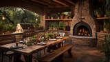 Rustic outdoor kitchen with a brick pizza oven, wooden countertops, and a long dining table,