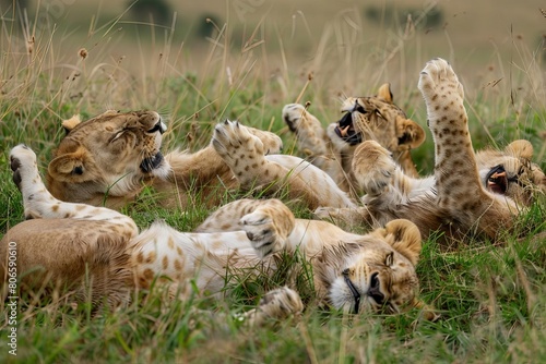 A pride of lions rolling in the grass, playfighting and batting each other with their paws photo