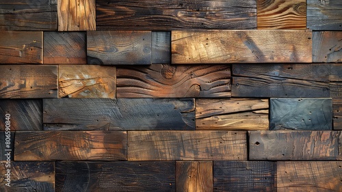 Abstract Wooden wall made of planks with knots and nail holes as background photo