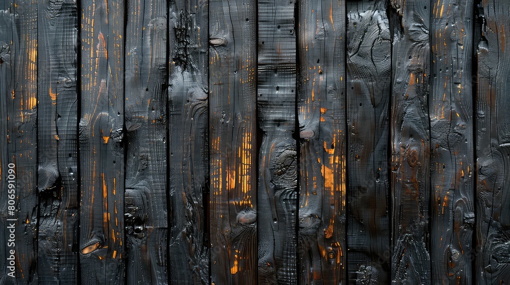 Fototapeta premium Black wooden planks texture with orange paint Abstract background for design