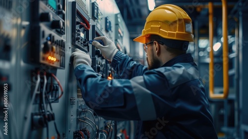 unrecognizable Electrician engineer uses a multimeter to test the electrical installation and power line current in an electrical system control cabinet photo