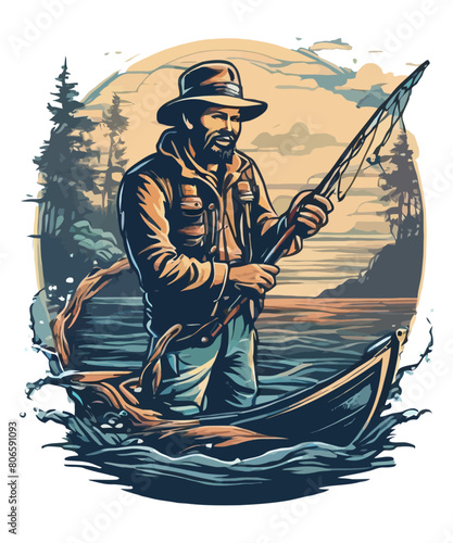 A fisherman catches fish with a fishing rod illustration