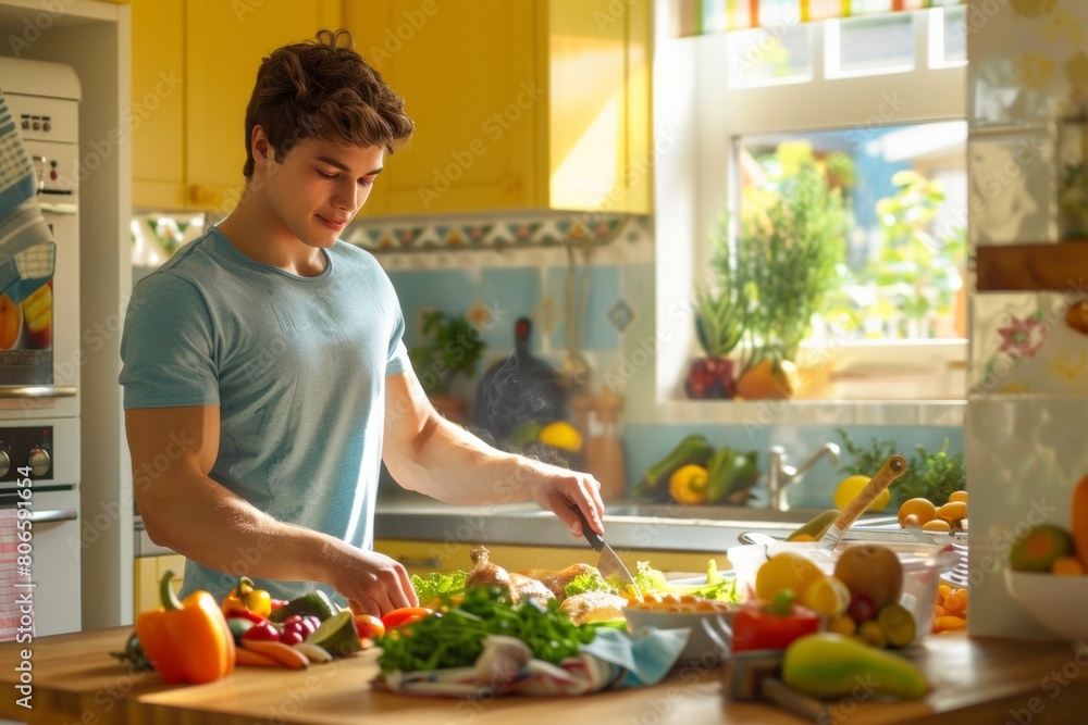 Young Man Embracing Healthy Eating During Men's Health Month in Sunlit Kitchen Young Man Embracing Healthy Eating During Men's Health Month in Sunlit Kitchen